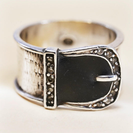 Size 8, VTG Sterling Silver 925 Belt Buckle Ring, Onyx Buckle Band, Marcasite