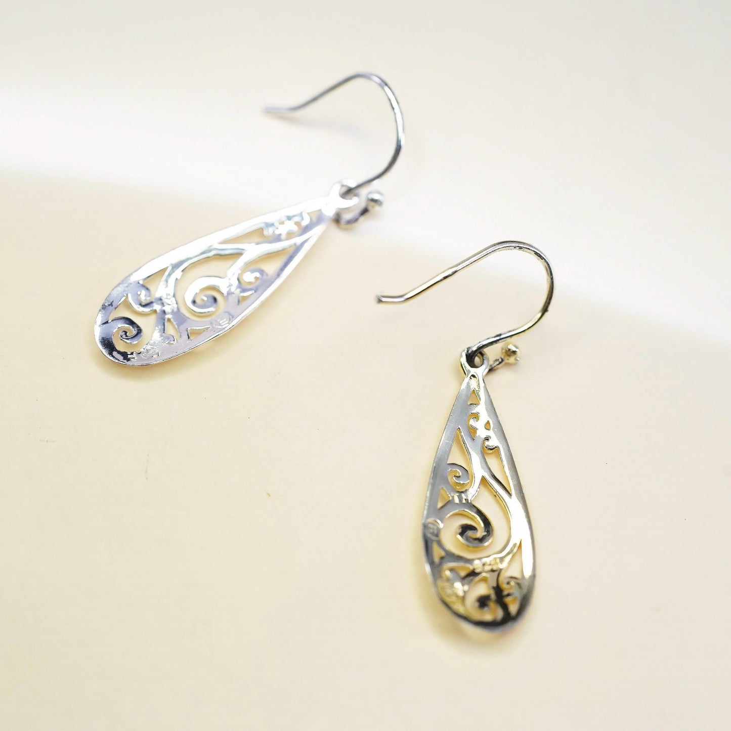 Vintage two tone sterling silver handmade earrings, 925 filigree teardrops