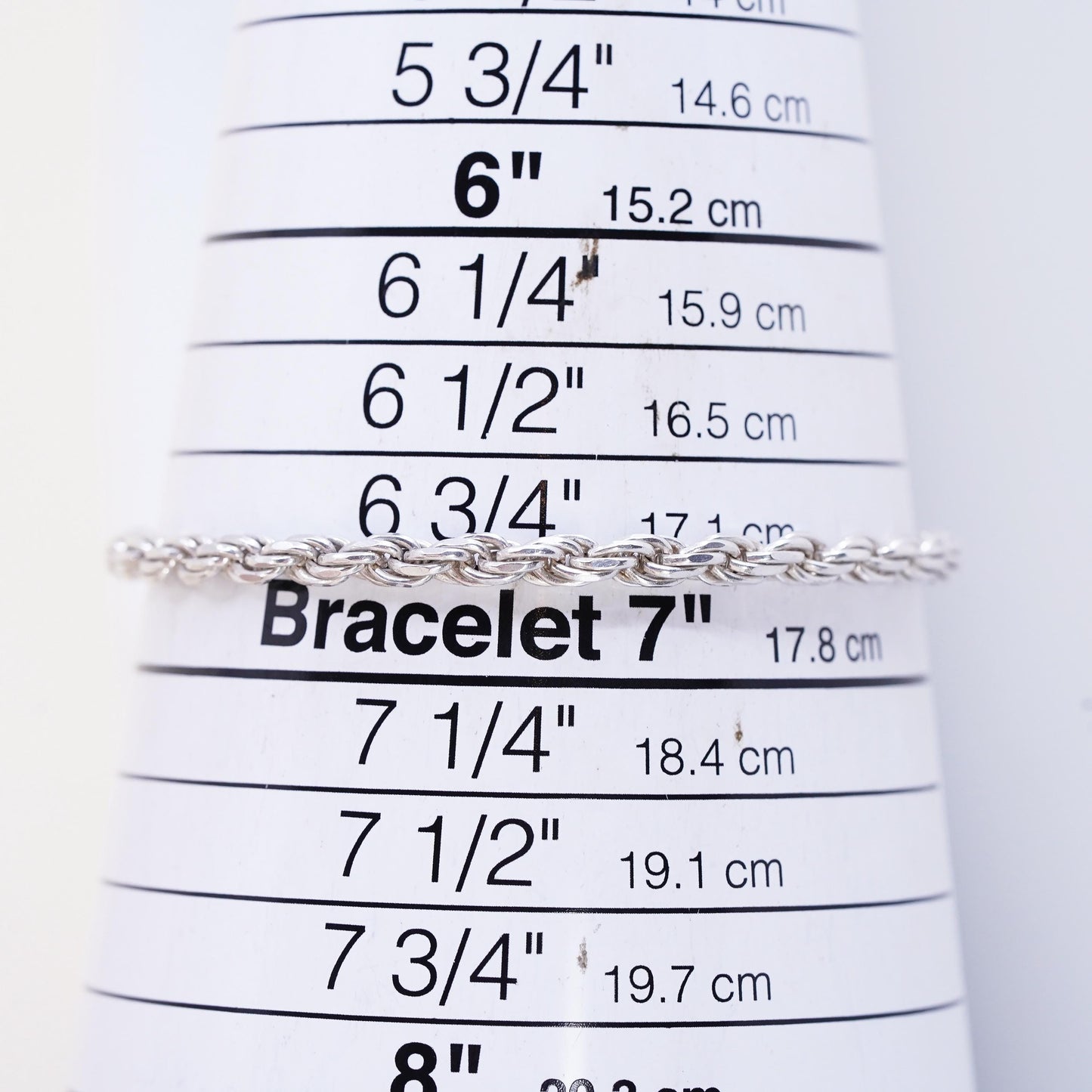 7" 3mm, Vintage Italian sterling 925 silver diamond cut rope chain bracelet