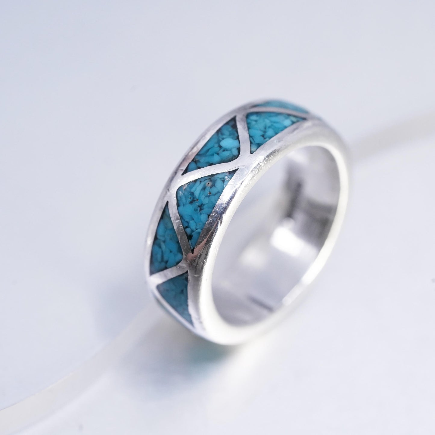 size 5.25, Native American Zuni Sterling Silver Ring, 925 zigzag band turquoise