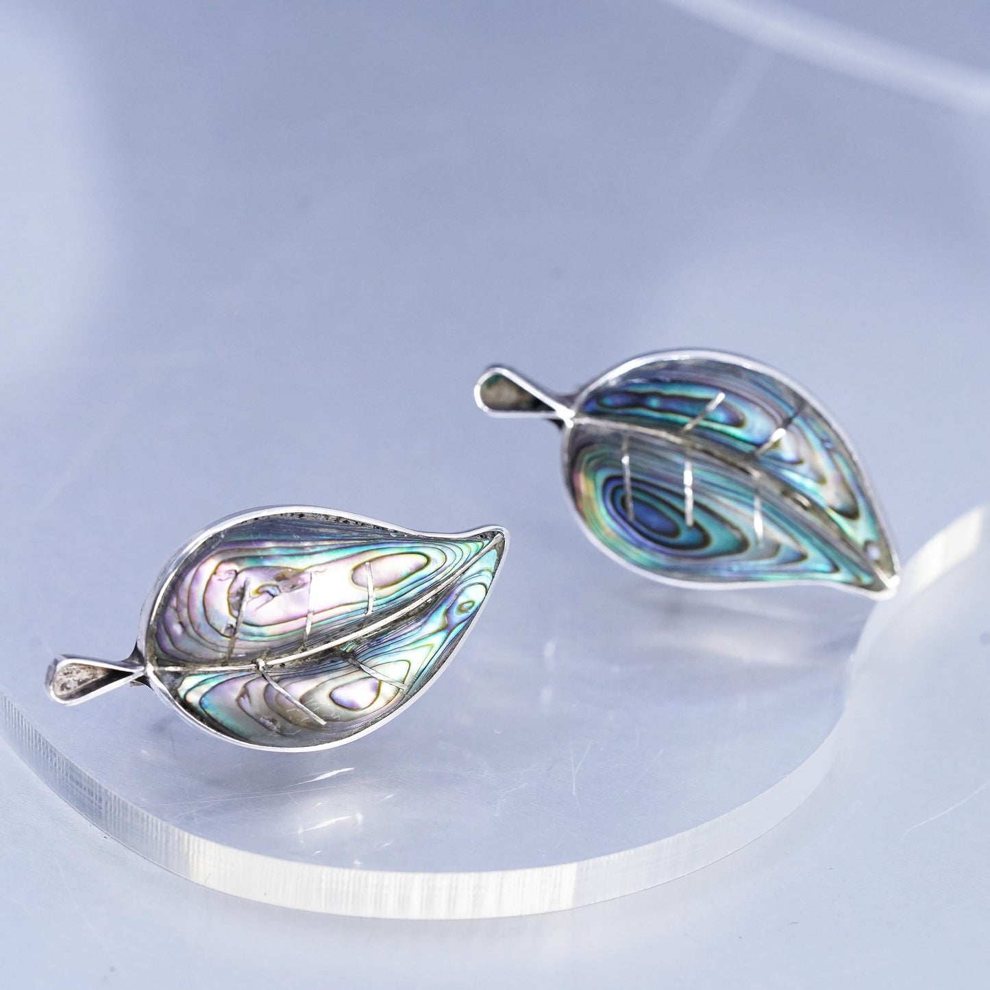 vtg Mexican PA Sterling 925 silver handmade earrings, leaf screw back abalone