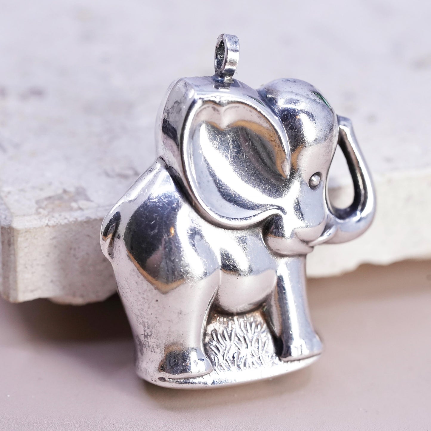 Vintage Sterling silver handmade pendant, puffy huge 925 silver elephant charm