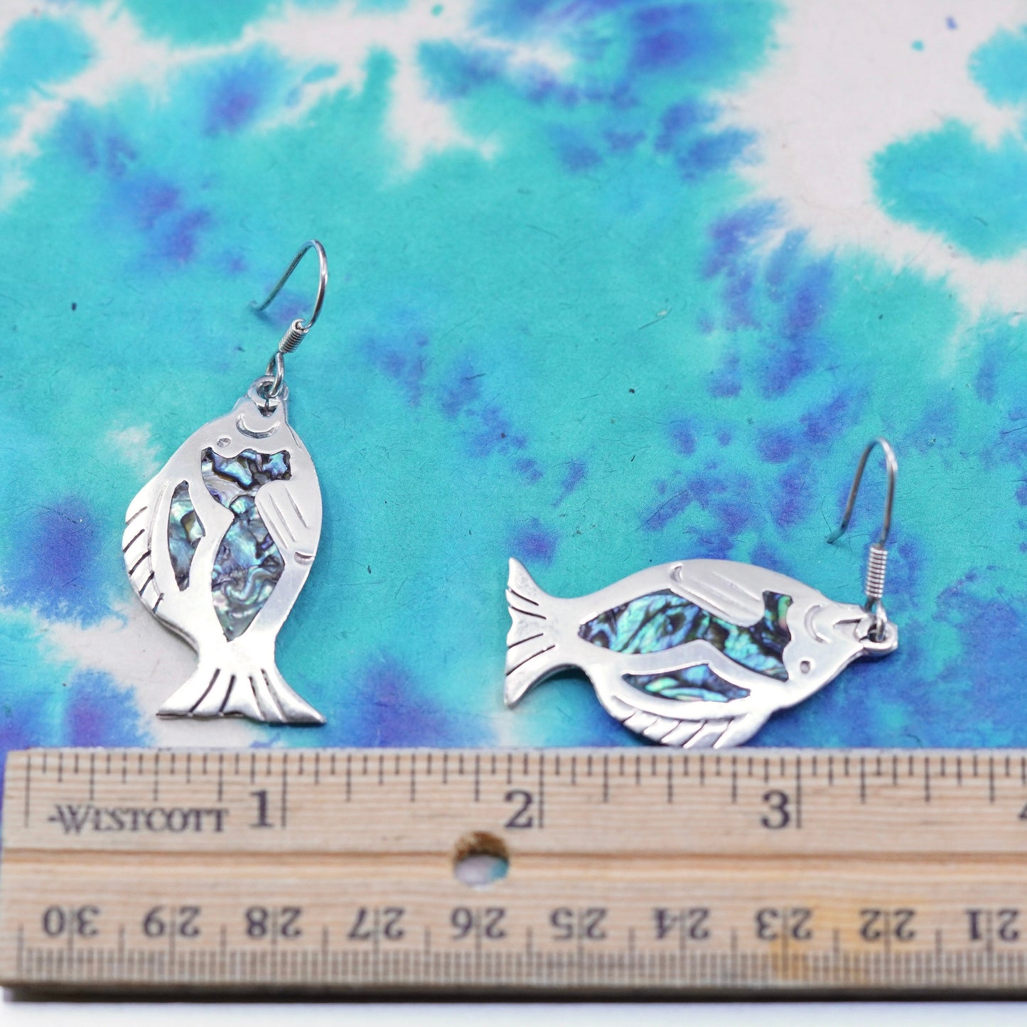 Vintage mexico Sterling silver handmade earrings, 925 fish with abalone inlay