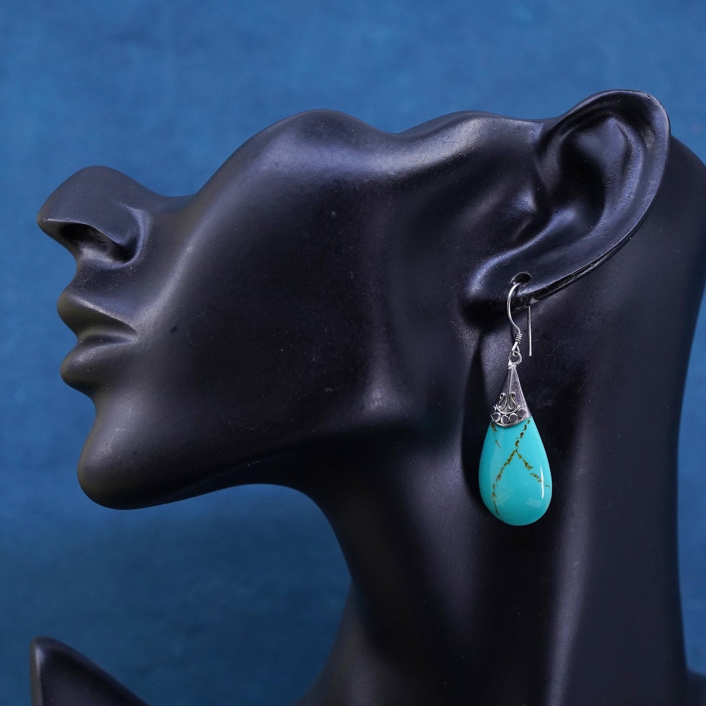 Vintage sterling 925 silver handmade teardrop earrings with turquoise beads