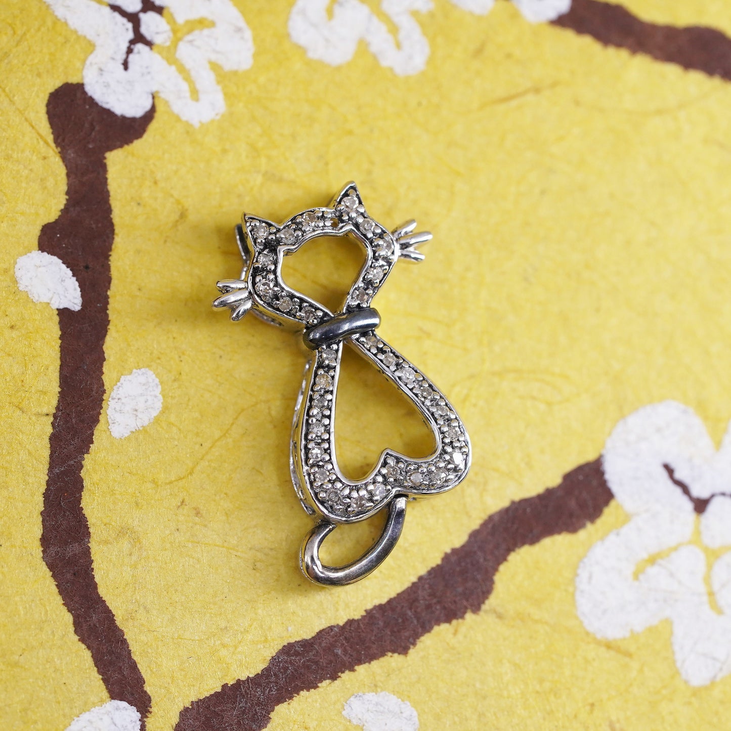 Vintage Sterling silver handmade pendant, 925 cat kitty with diamonds