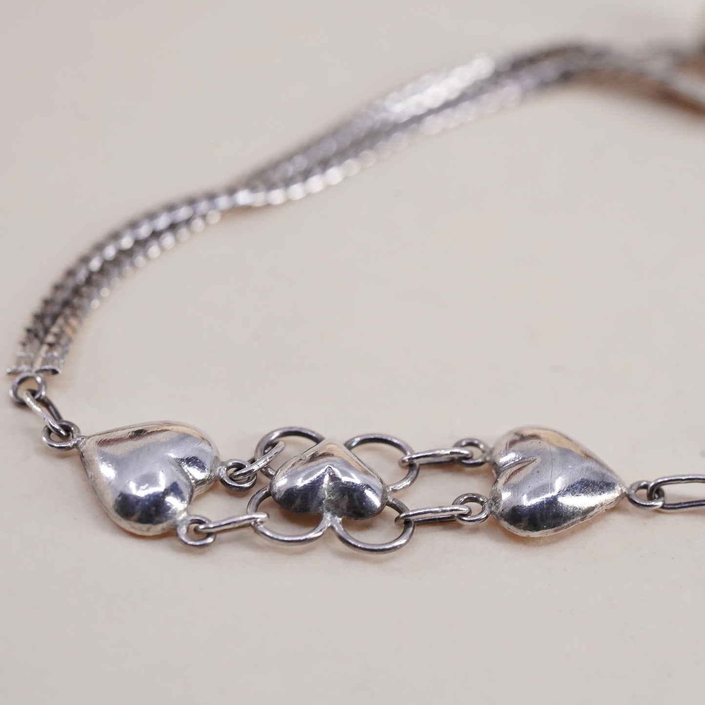 7”, vintage Sterling Silver Bracelet, 925 curb chain with heart and bell chime
