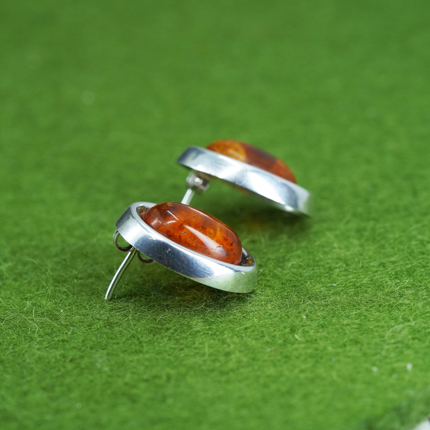 Vintage Sterling 925 silver handmade earrings with oval Amber studs