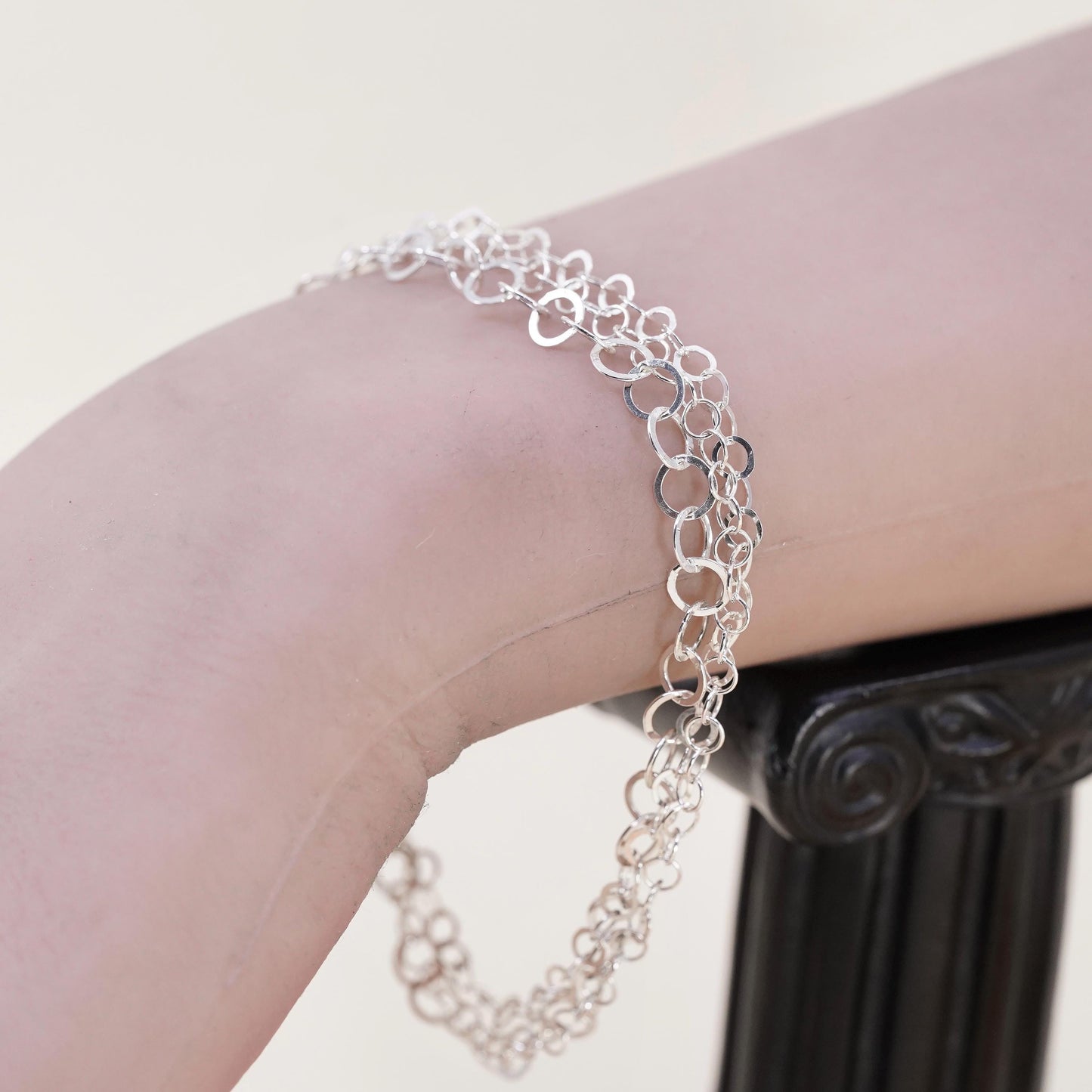 7.75”, Vintage sterling silver multi strands bracelet, 925 flatten circle chain