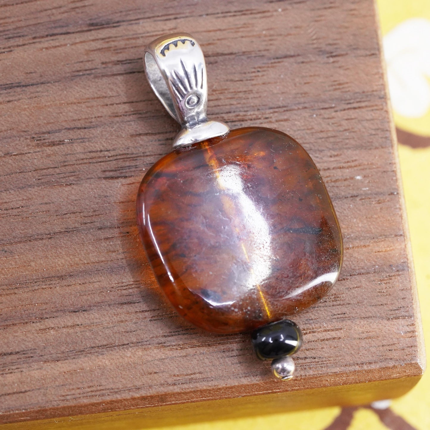 Vintage southwestern Shube Sterling 925 silver handmade pendant w/ Square amber
