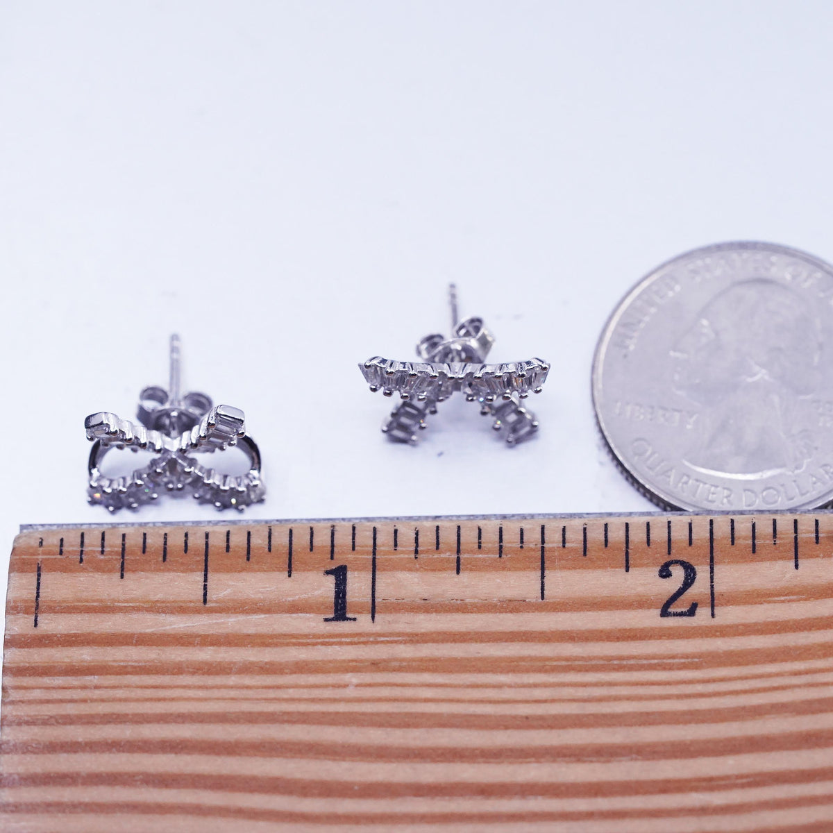 Vintage Sterling 925 silver handmade earrings, ribbon bow tie studs cluster Cz