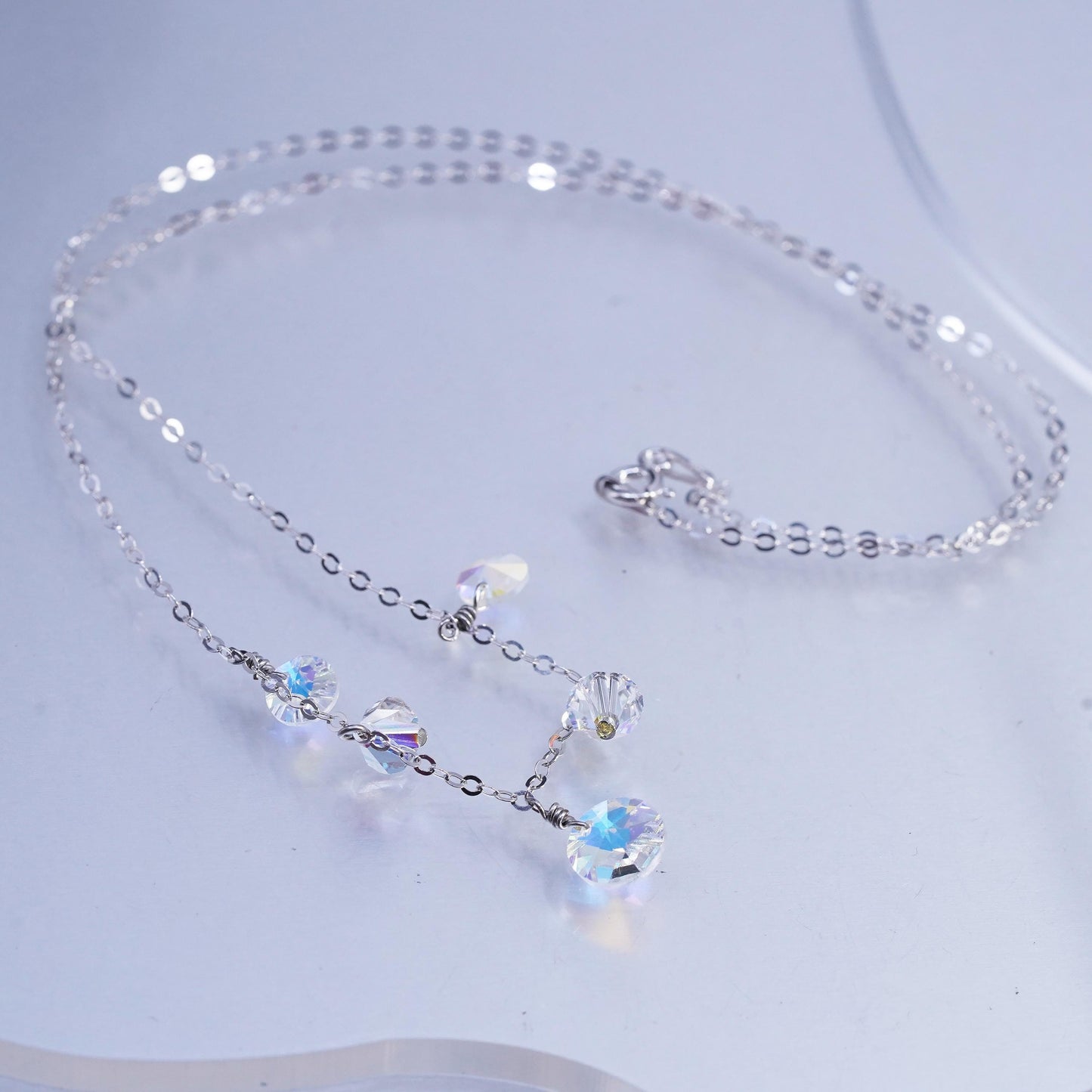 18", Vintage Sterling necklace, 925 Silver circle chain AB Crystal charms