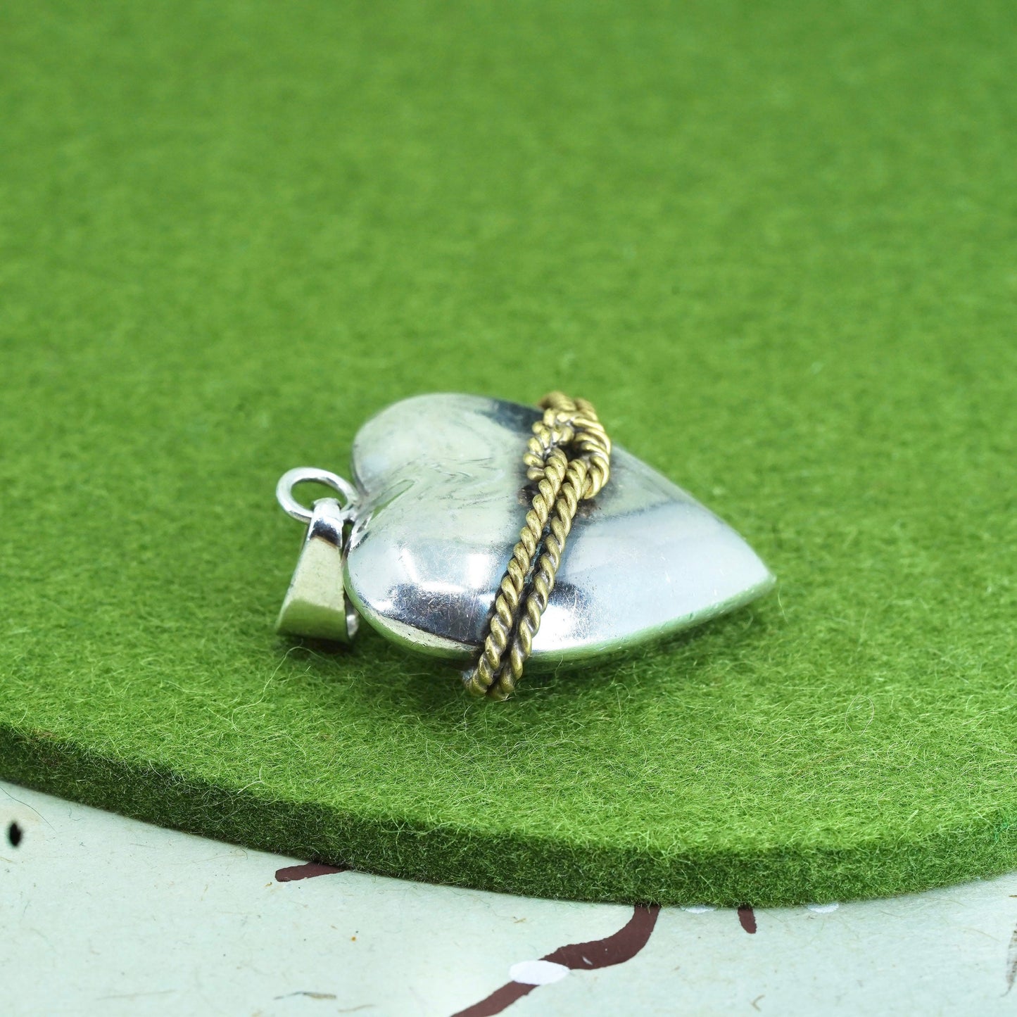 Vintage two tone sterling silver puffy heart w/ brass around, 925 charm pendant