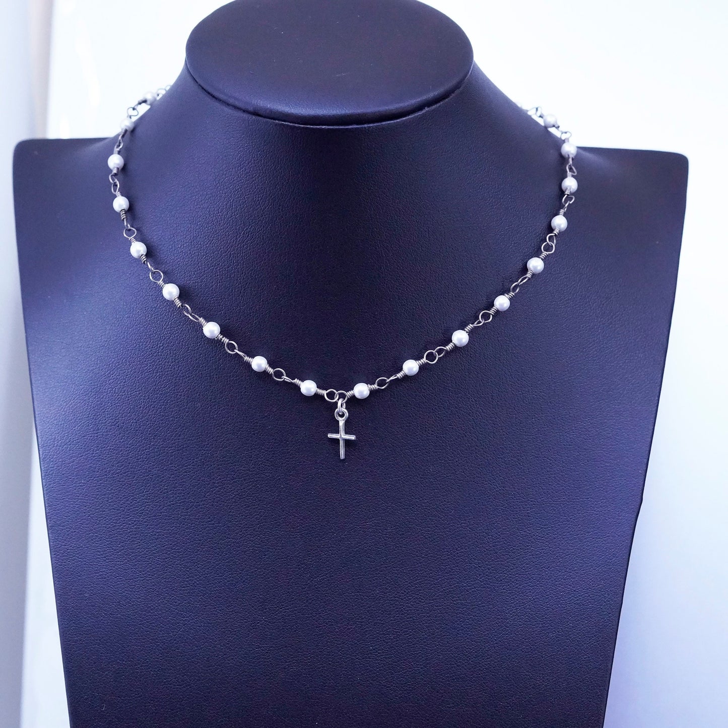 14”, sterling silver handmade necklace, 925 chain with pearl and cross charm