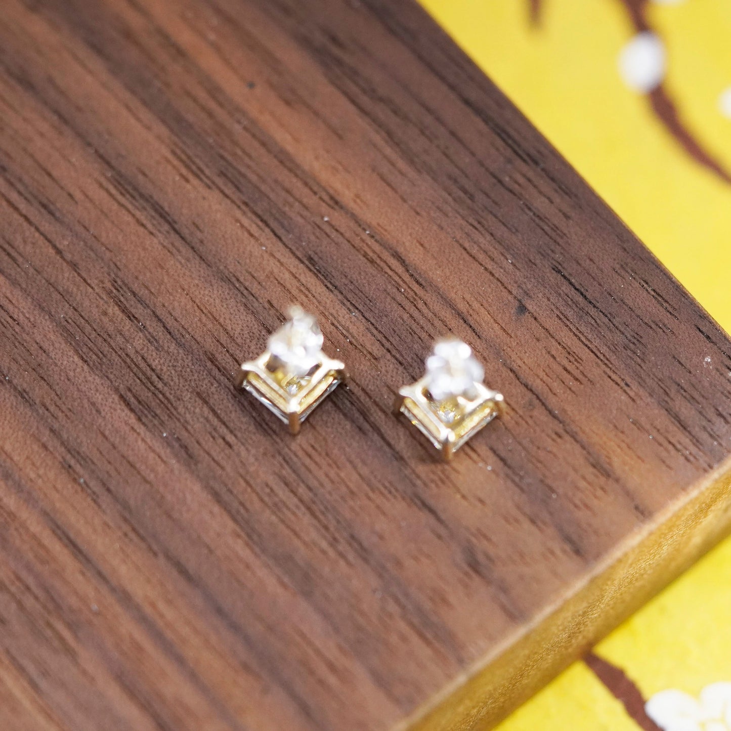 6mm, Vintage vermeil gold over Sterling 925 silver square cz studs, earrings