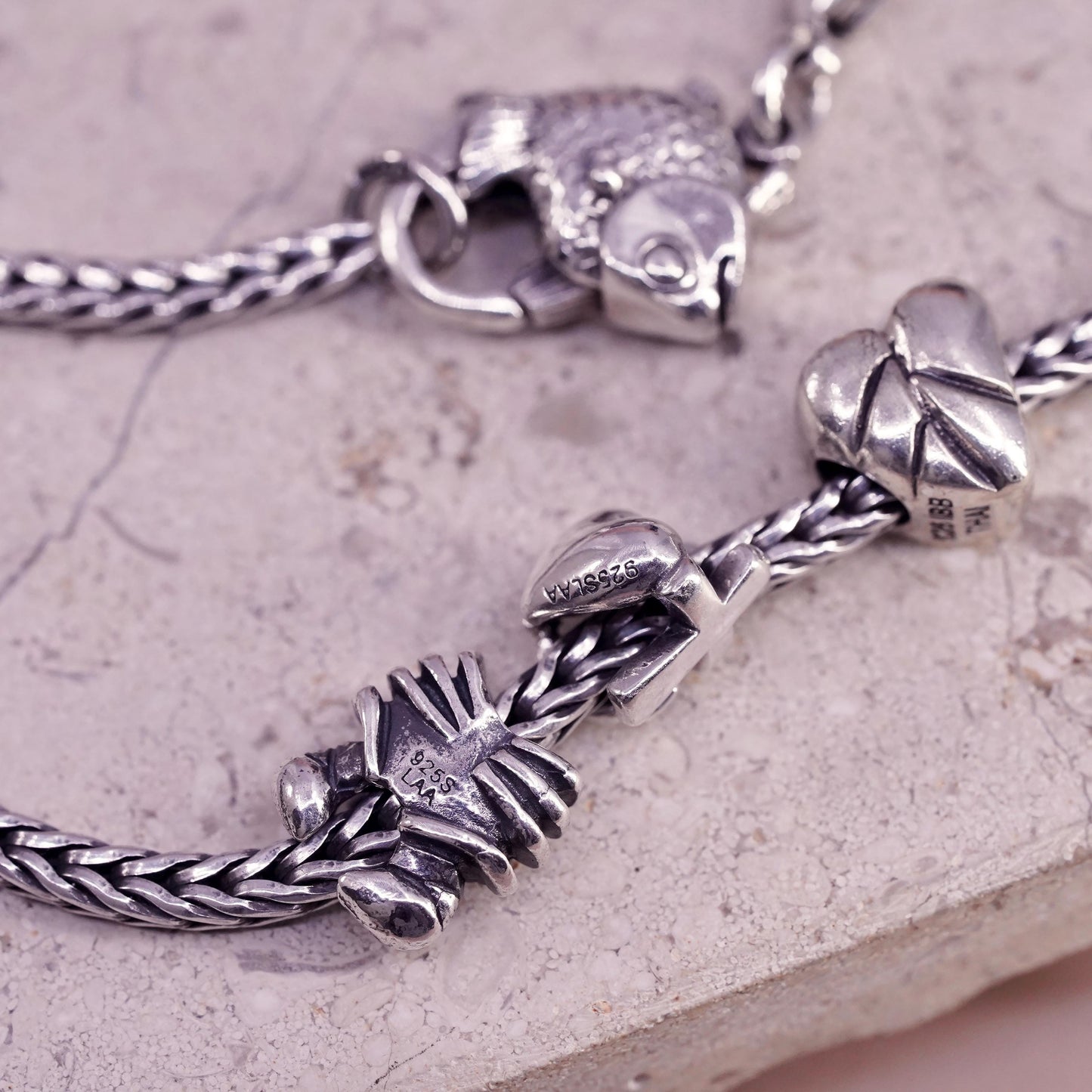 7.75", LAA Trollbeads Sterling Silver 925 wheat Bracelet heart crab leaf charms