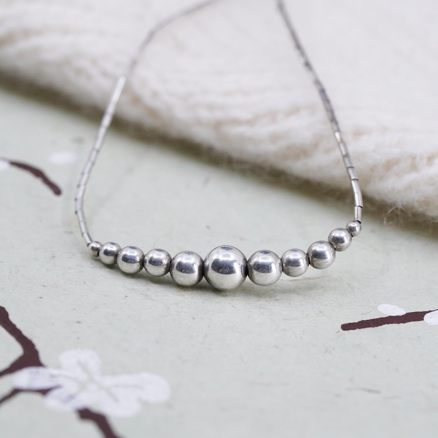 16", Vintage double strands sterling necklace, beads, Mexico 925 liquid silver