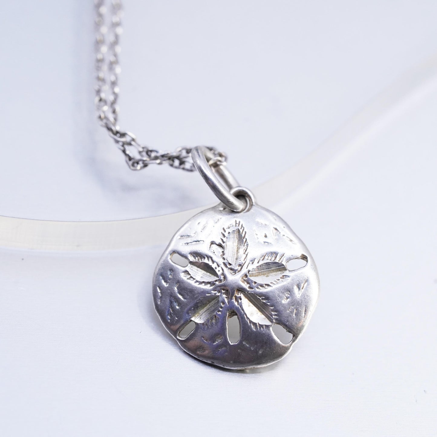 Vintage Sterling silver handmade circle chain necklace, 925 sand dollar pendant