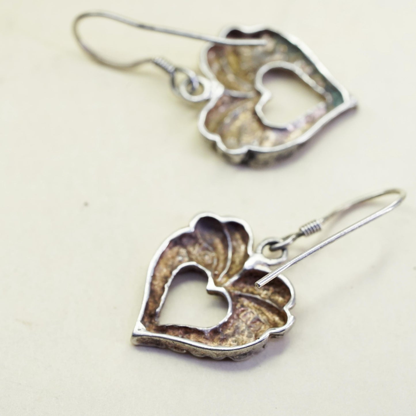 Vintage Sterling silver handmade earrings, textured 925 heart drops