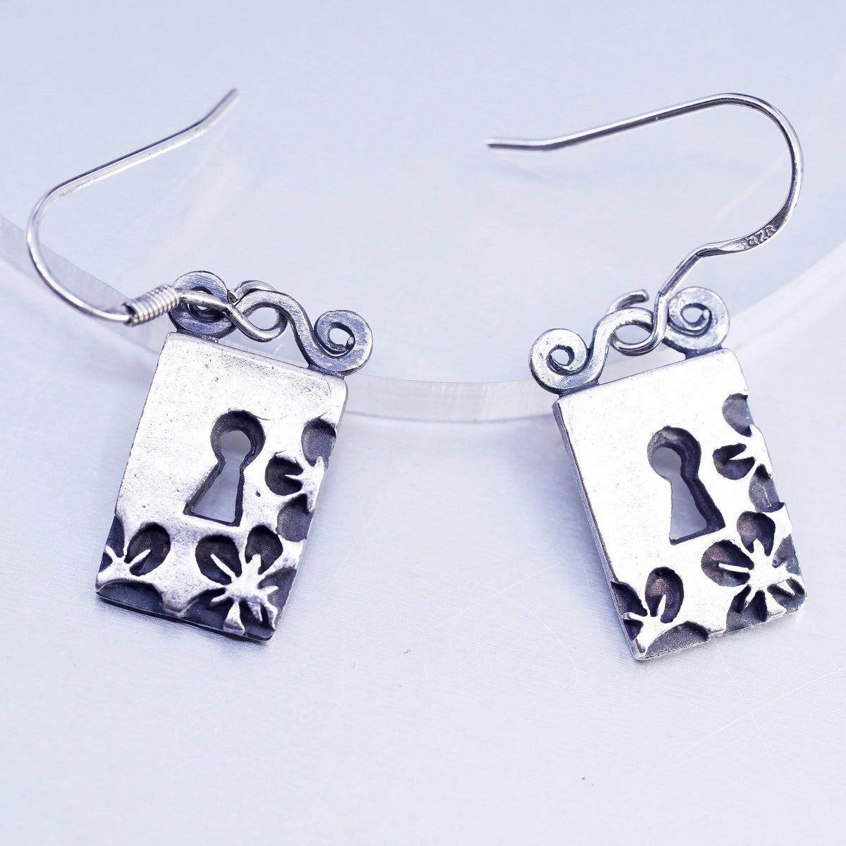 Vintage Mexican Sterling 925 silver handmade tag earrings with key cutout