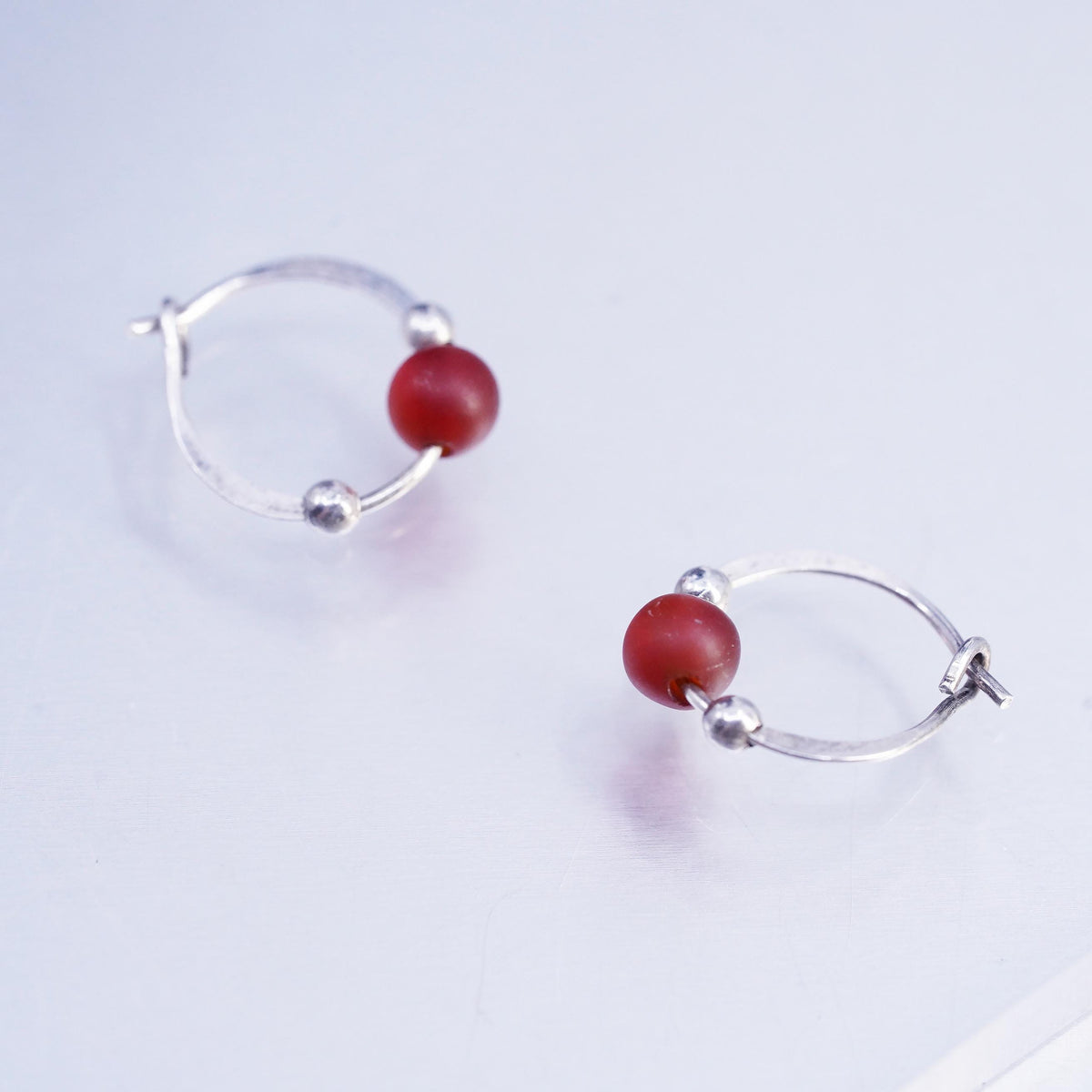 10mm, vintage Sterling silver handmade earrings, 925 Huggie hoops amber bead