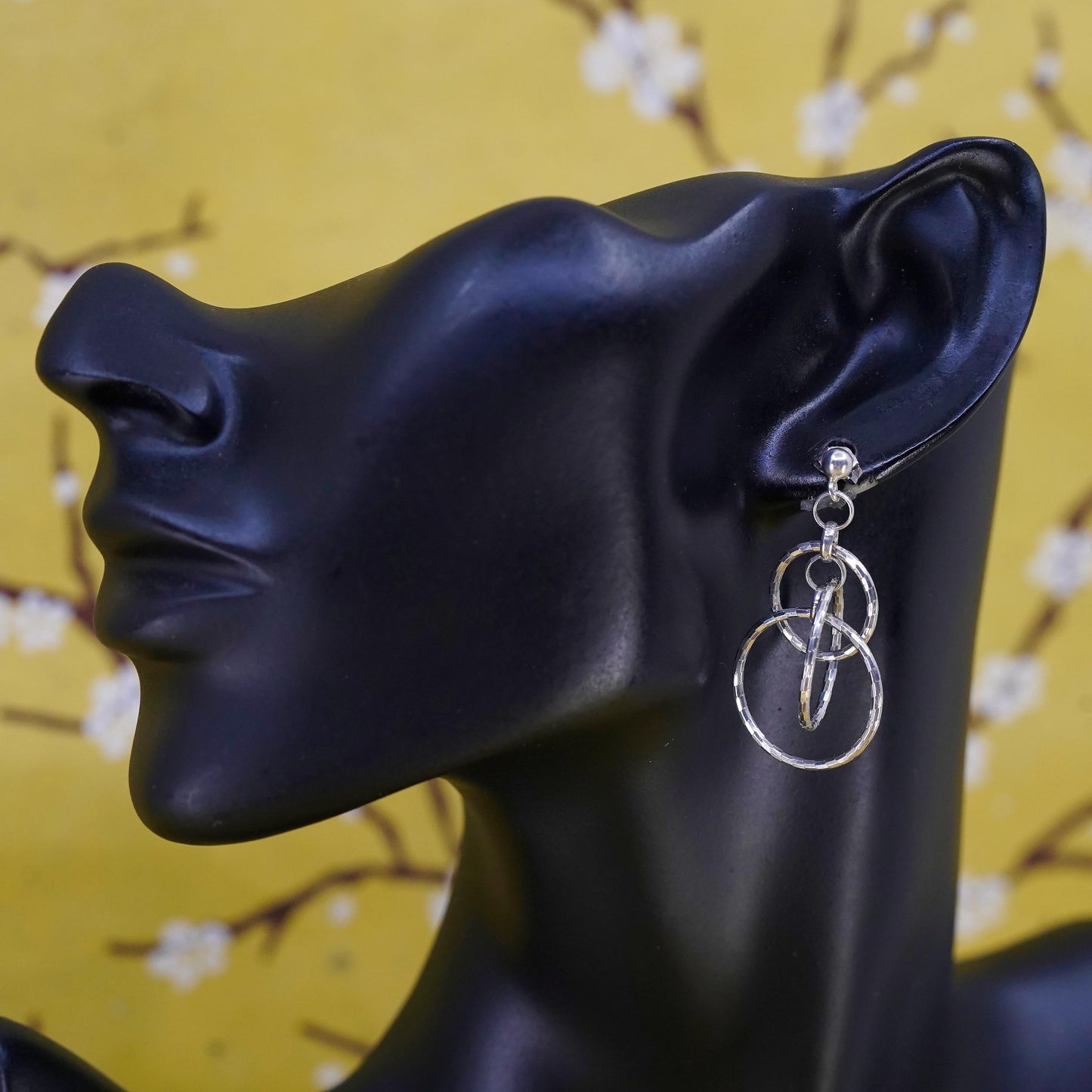 Vintage Sterling silver handmade earrings, textured 925 entwined circles dangle