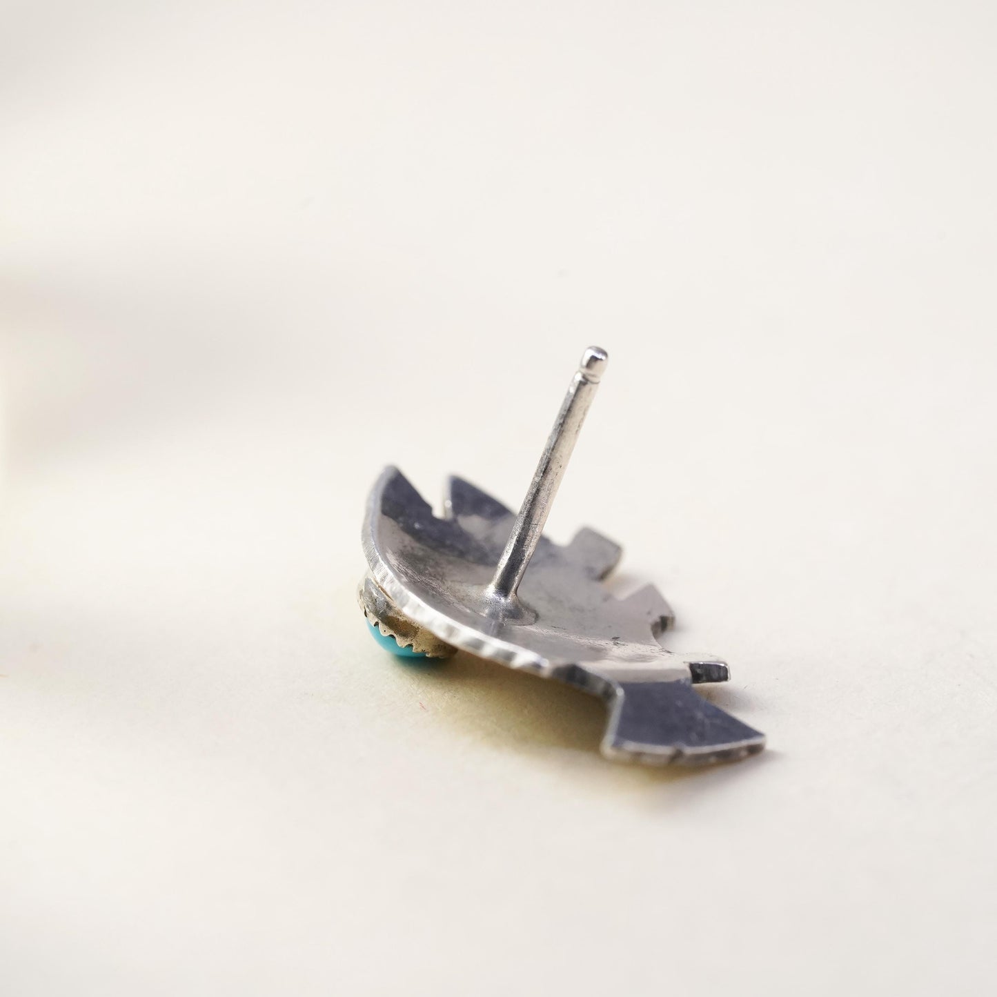 Native American Navajo single earring. Sterling 925 silver fish stud turquoise