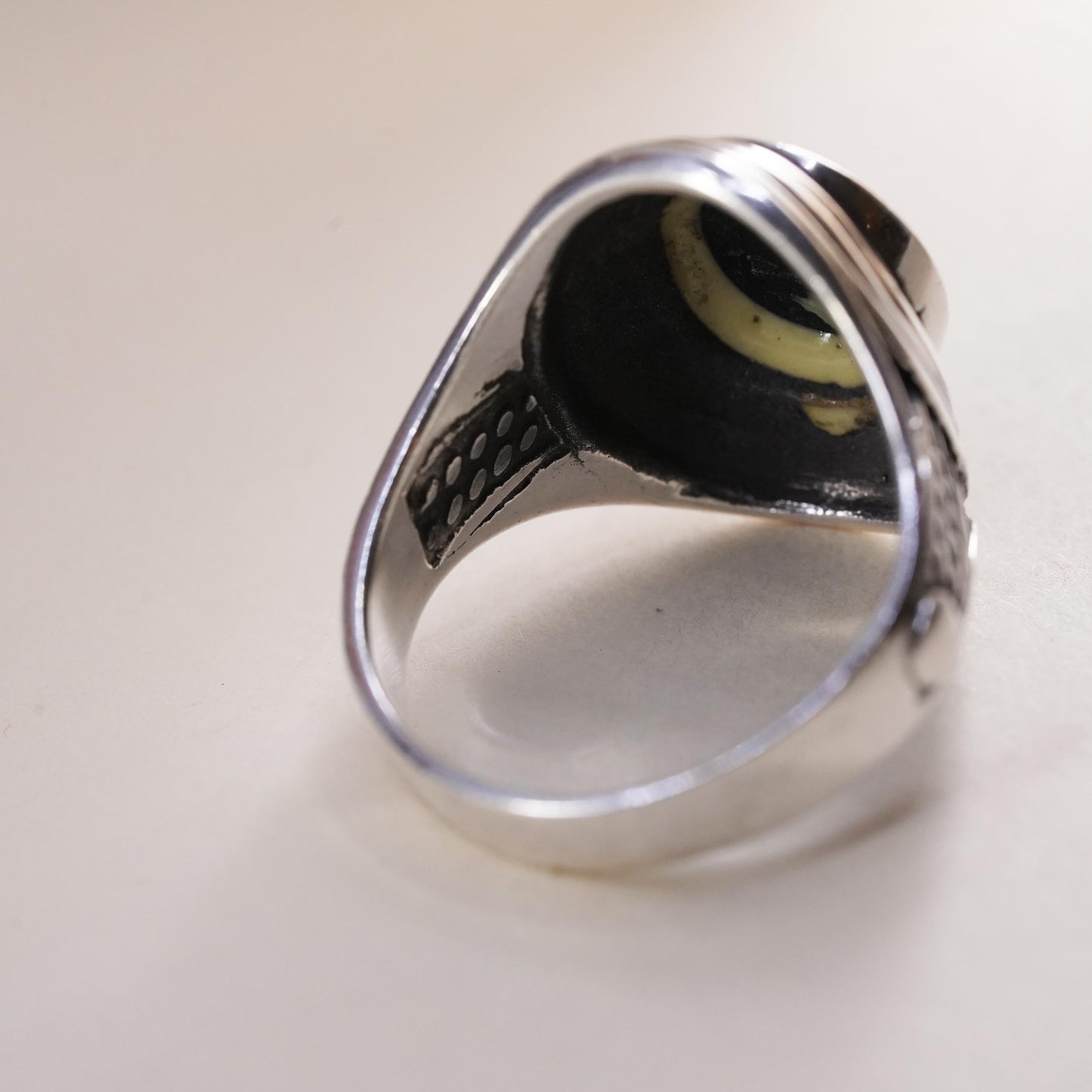 Size 12.25, Vintage sterling 925 silver statement handmade ring with oval onyx