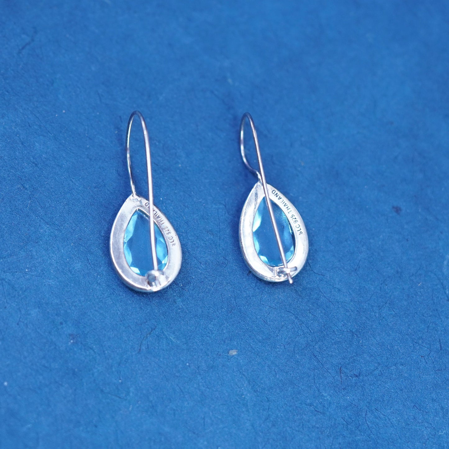 sterling 925 silver handmade teardrop earrings with blue crystal and marcasite