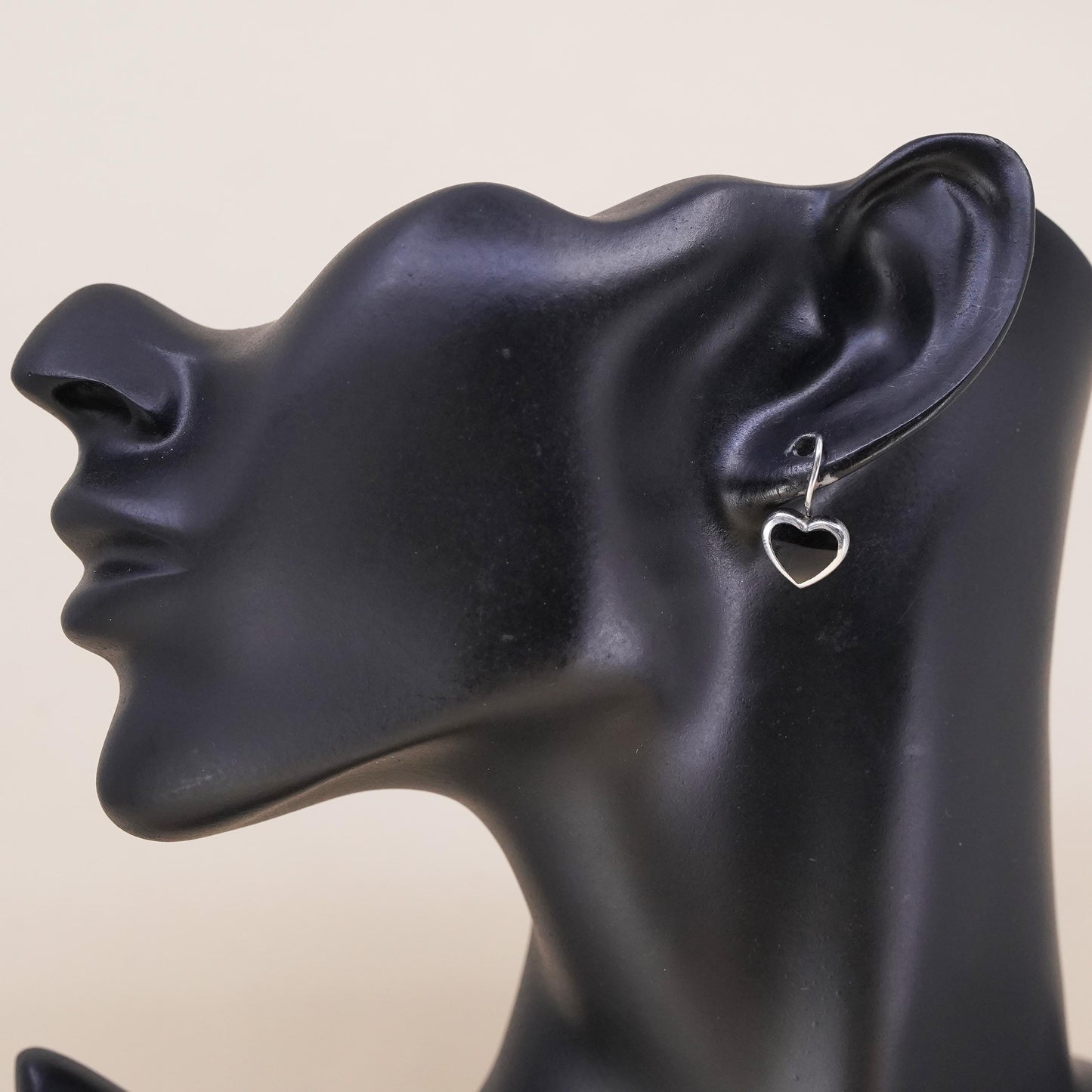 Vintage handmade single earring. Sterling 925 silver heart with onyx inlay