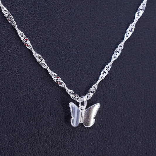 16+1.5” Sterling 925 silver twisted curb chain necklace with butterfly pendant