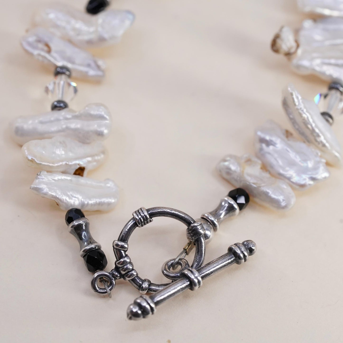 8”, Vintage handmade bracelet, freshwater baroque pearl 925 silver toggle clasp