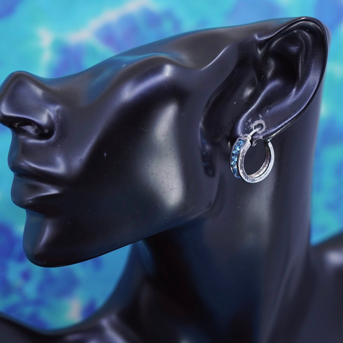0.75”, vintage Sterling silver huggie earrings, 925 hoops with blue cz