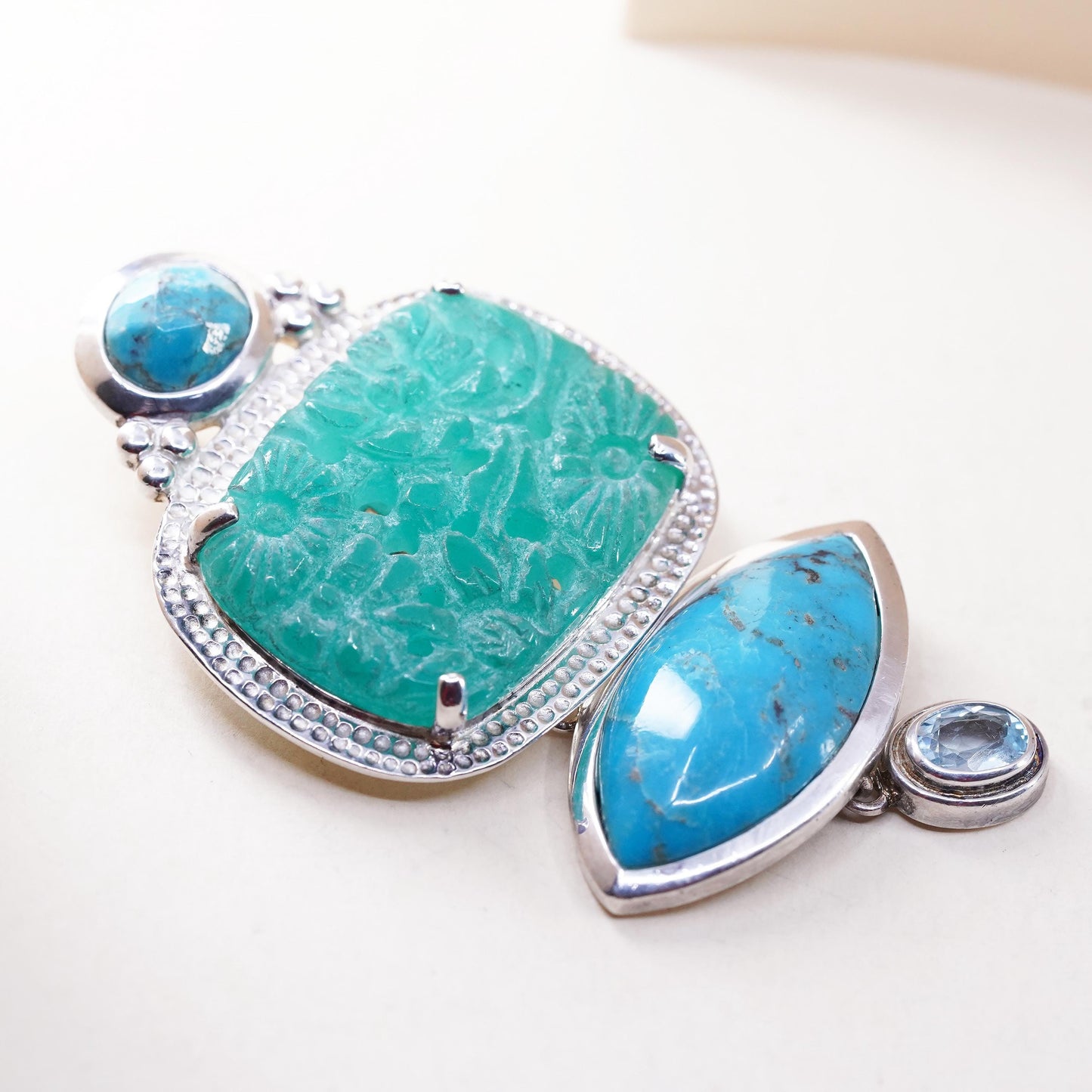 AKR Amy Kahn Russell Pendant Turquoise Carved Jade Brooch Sterling 925 Silver