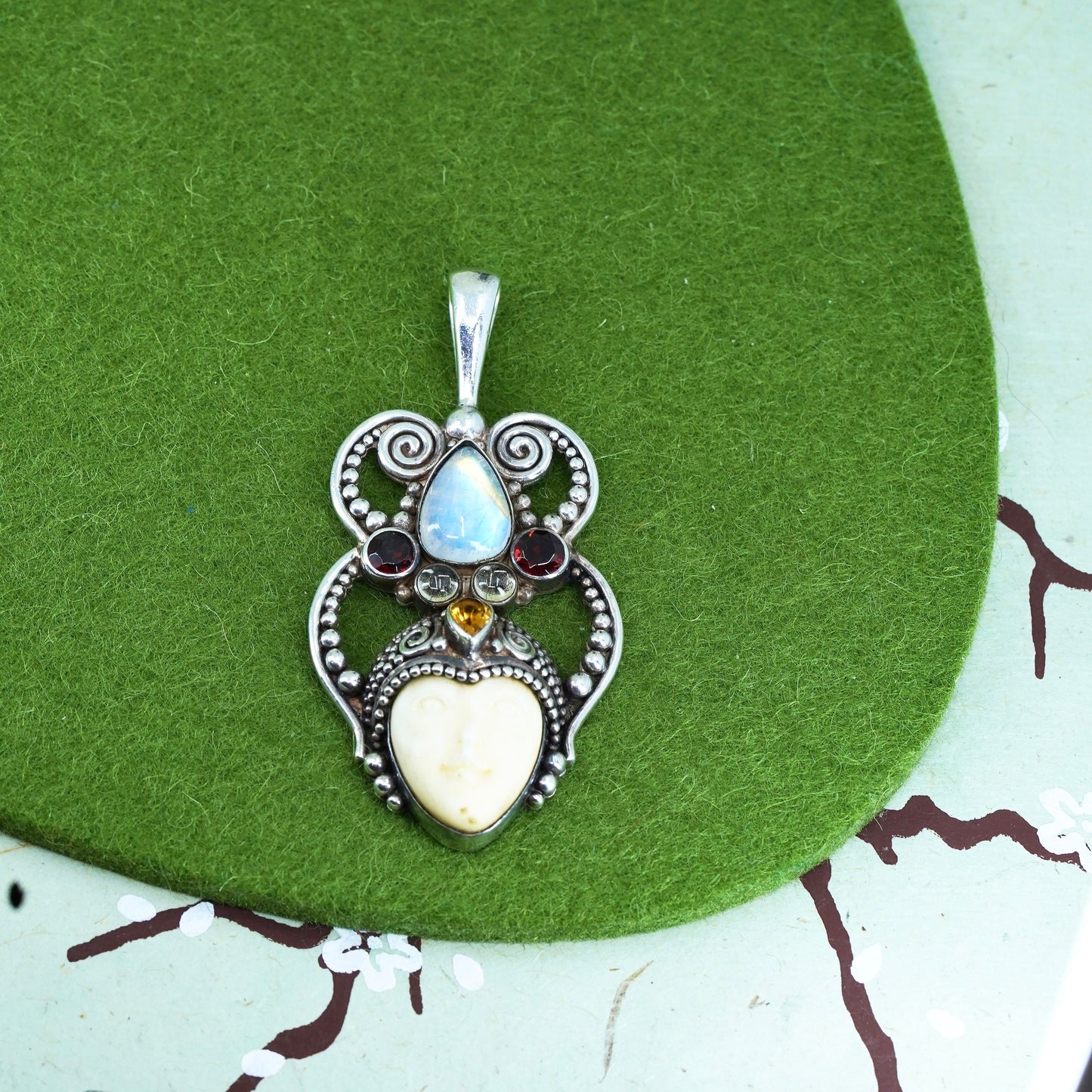 sajen Sterling 925 silver carved moonface pendant with moonstone ruby citrine