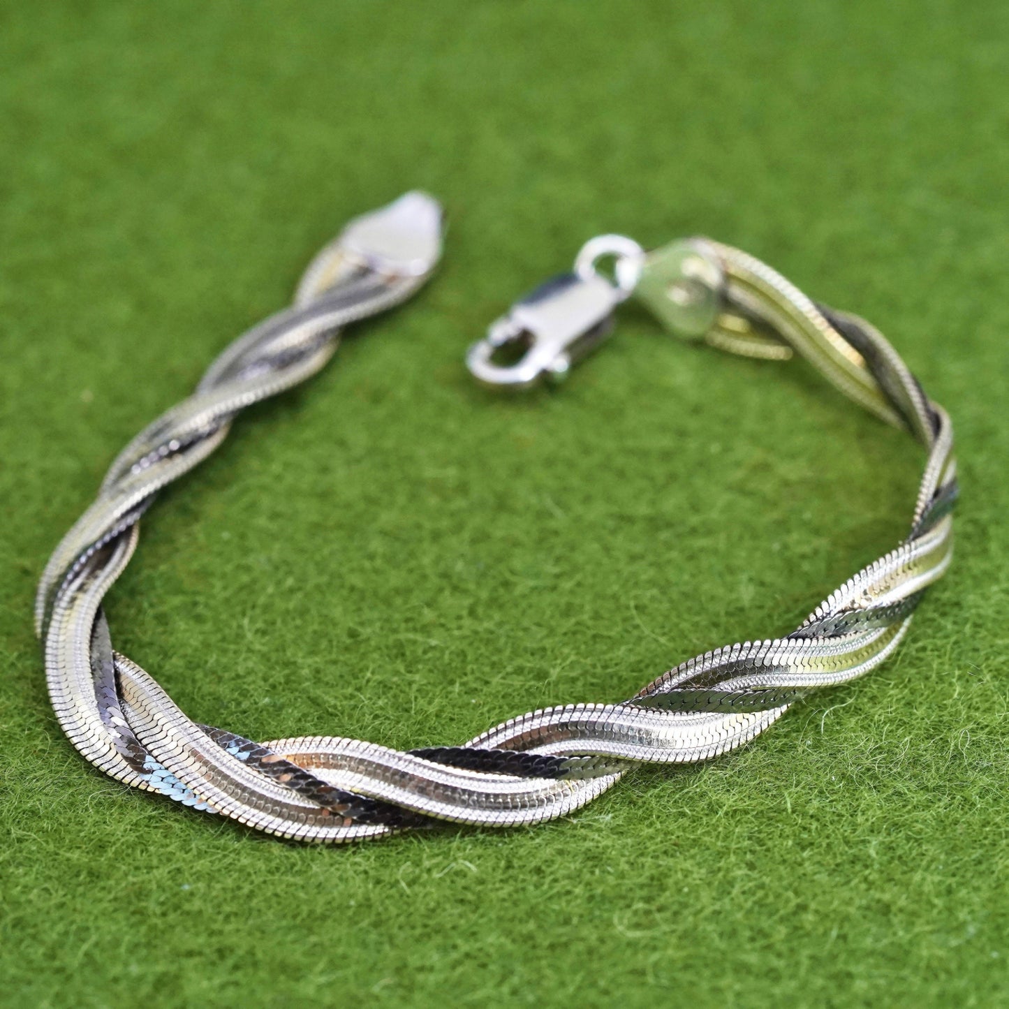 7" triple tone sterling silver handmade bracelet, 925 twisted herringbone chain