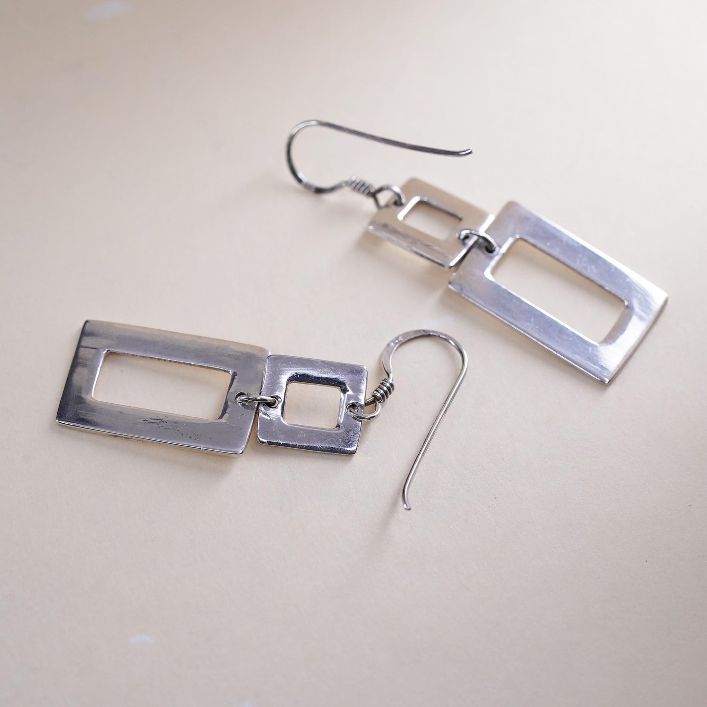Vintage sterling silver handmade earrings, 925 simple rectangular dangles