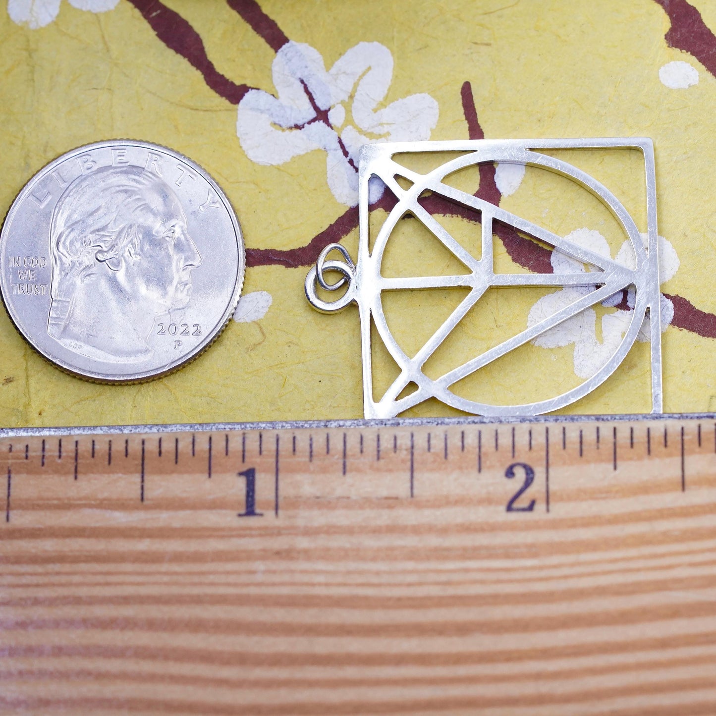 Sterling Silver Geometric Square Pendant Modernist Abstract Line, Artisan Charm