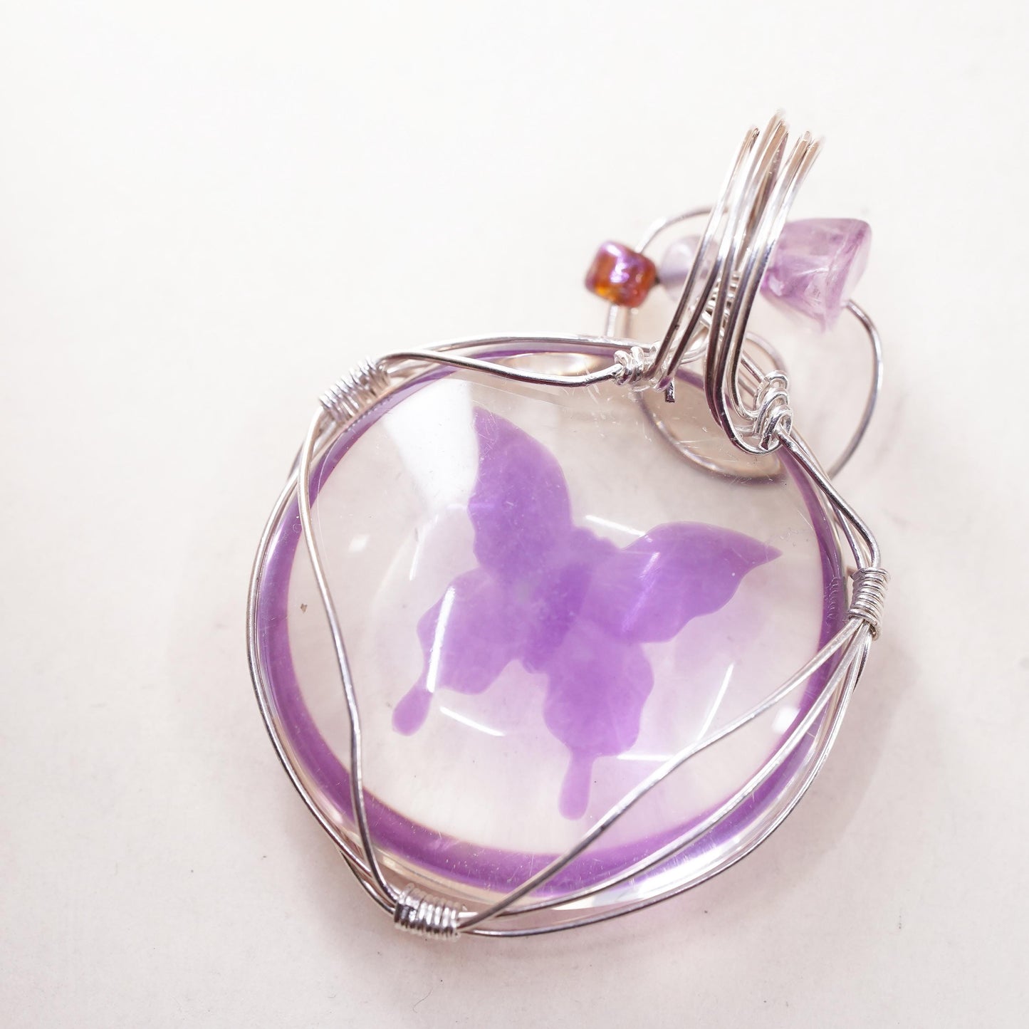 VTG Mexican sterling silver wire dichroic foiled glass purple butterfly pendant