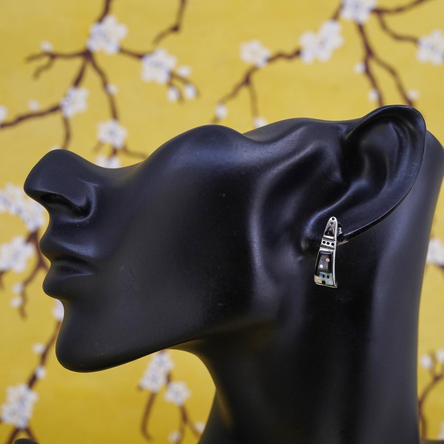 Native American Sterling 925 silver zuni huggie studs earrings with onyx opal