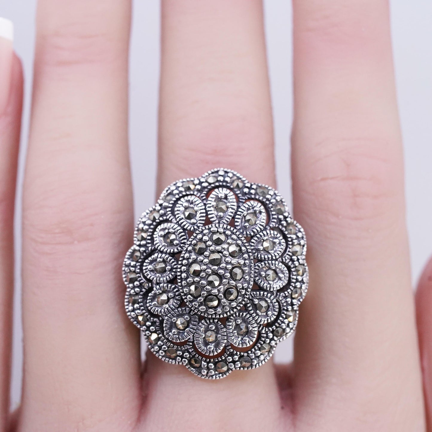 Size 10.5 southwestern Sterling 925 silver ring filigree band cluster marcasite