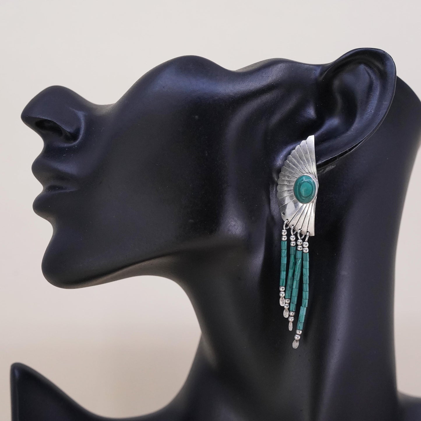 Native American single earring Navajo Sterling 925 silver malachite wing fringe