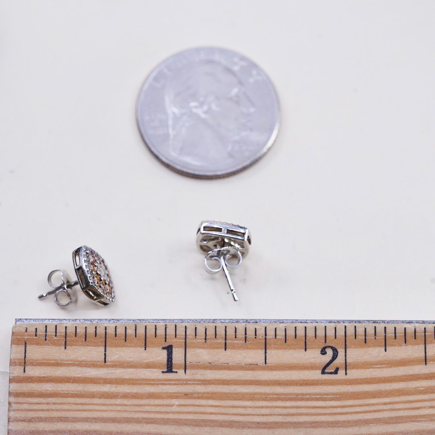 Vintage sterling silver handmade earrings, 925 square shaped studs with diamond