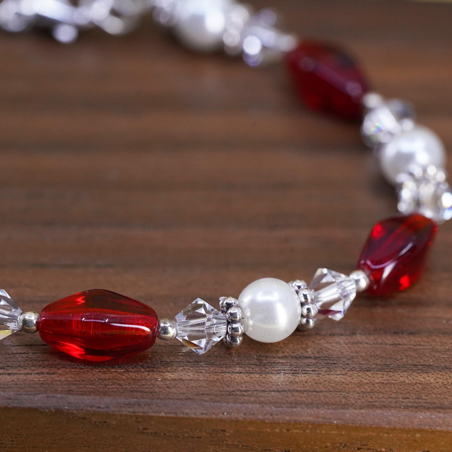 6.75”, Vintage Sterling 925 silver beads bracelet with pearl red crystal beads