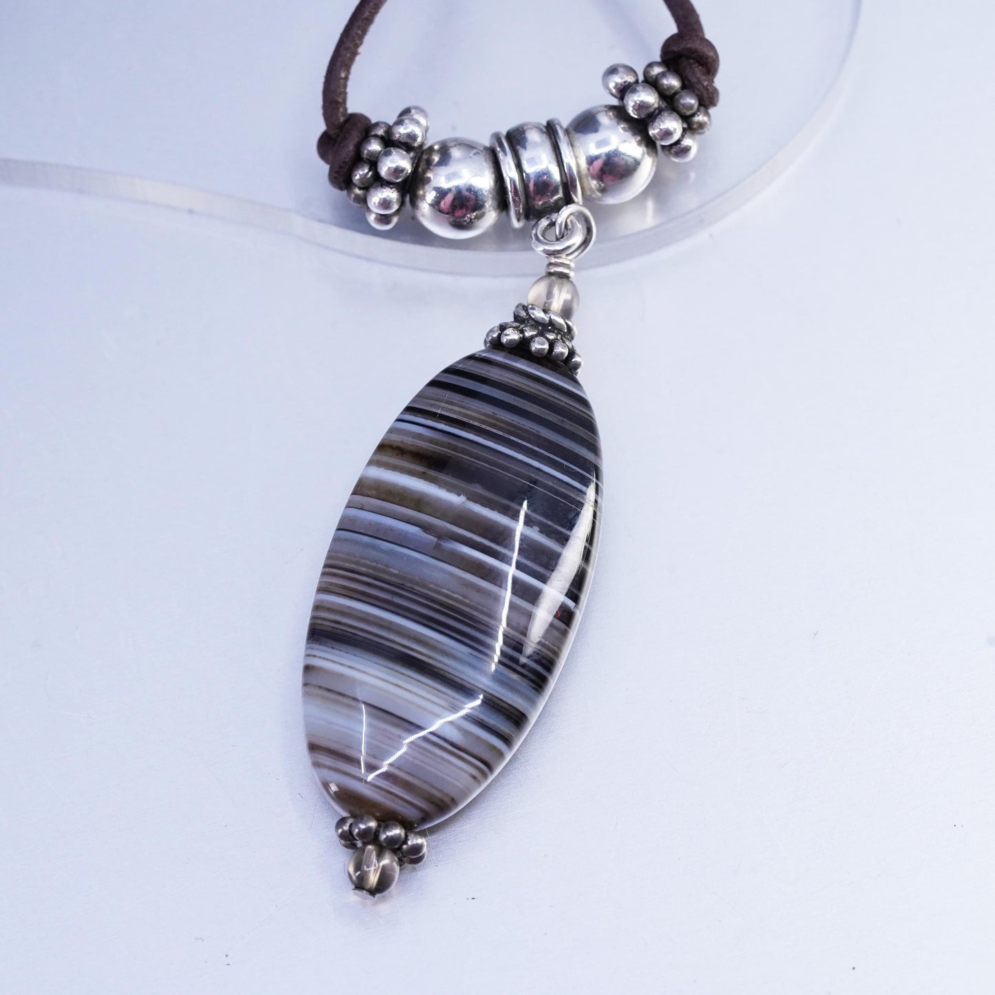 16", vintage 925 Sterling Silver Handmade brown Leather Necklace agate pendant