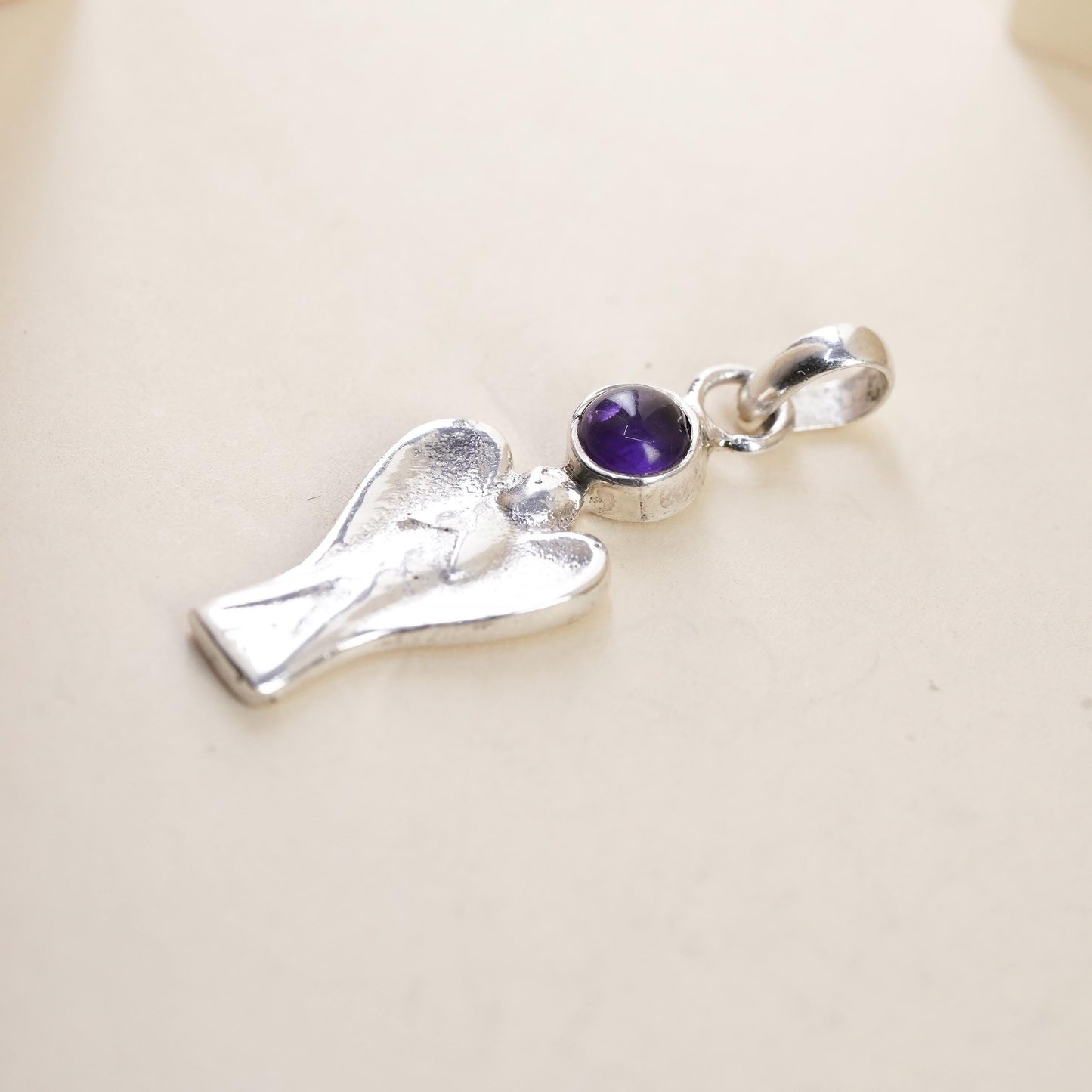 Vintage Sterling silver handmade angel pendant, 925 charm with amethyst