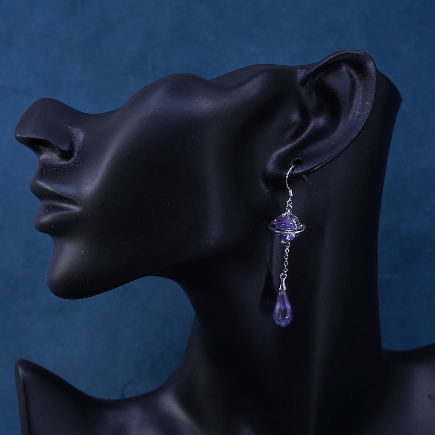 Vintage sterling 925 silver handmade planet earrings with teardrop amethyst