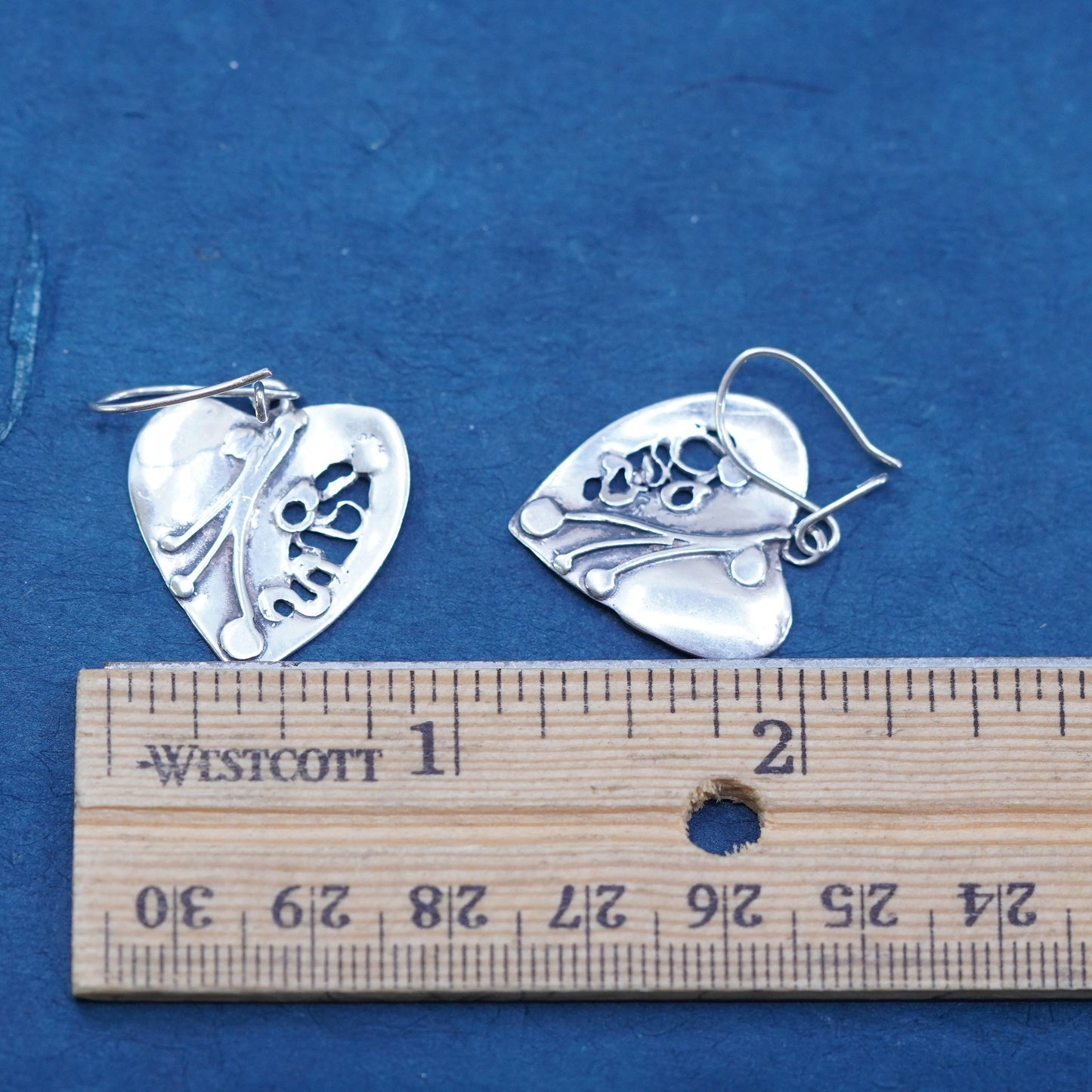 Vintage Sterling silver handmade earrings, textured 925 heart drops