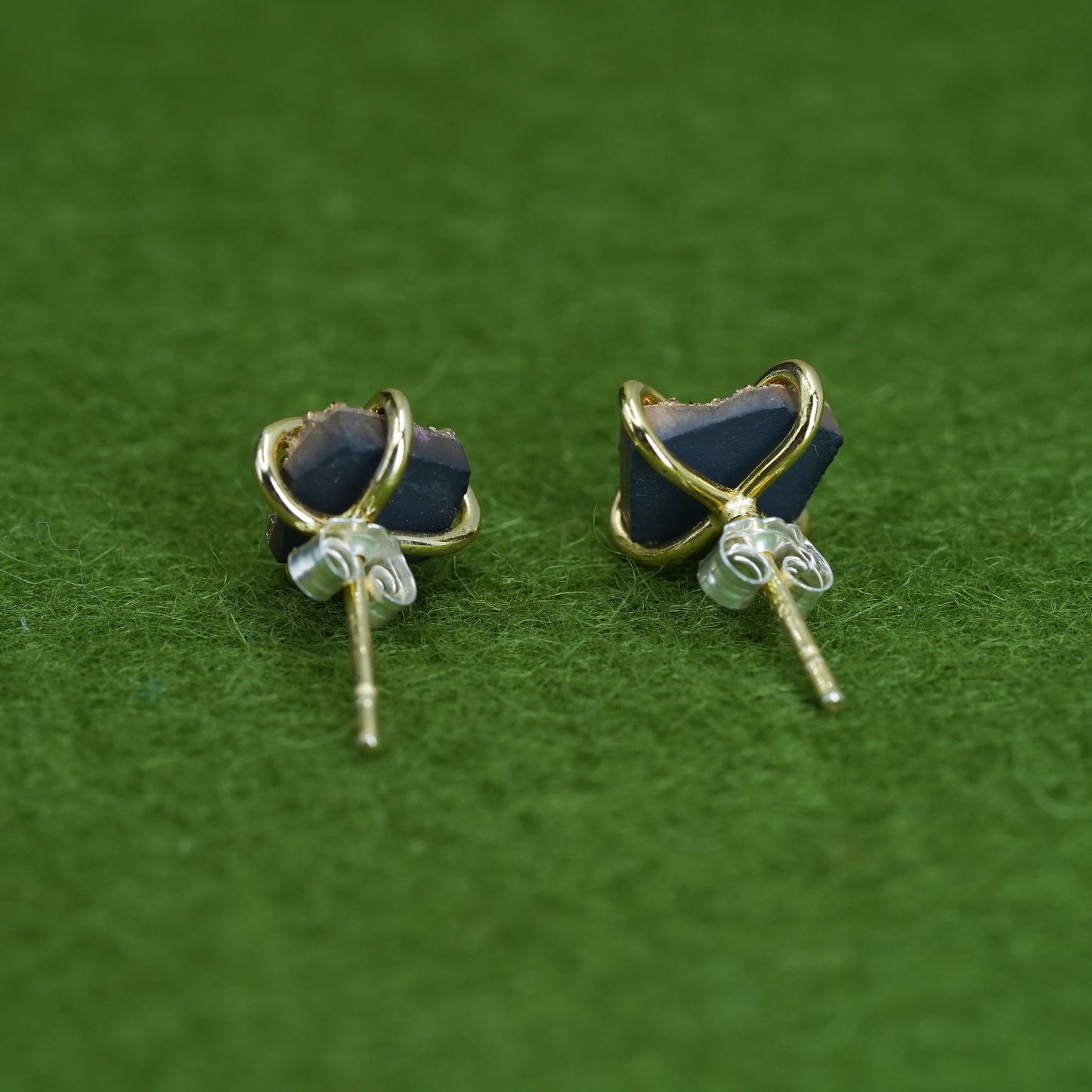 Vintage sterling 925 silver genuine golden druzy cz studs, earrings