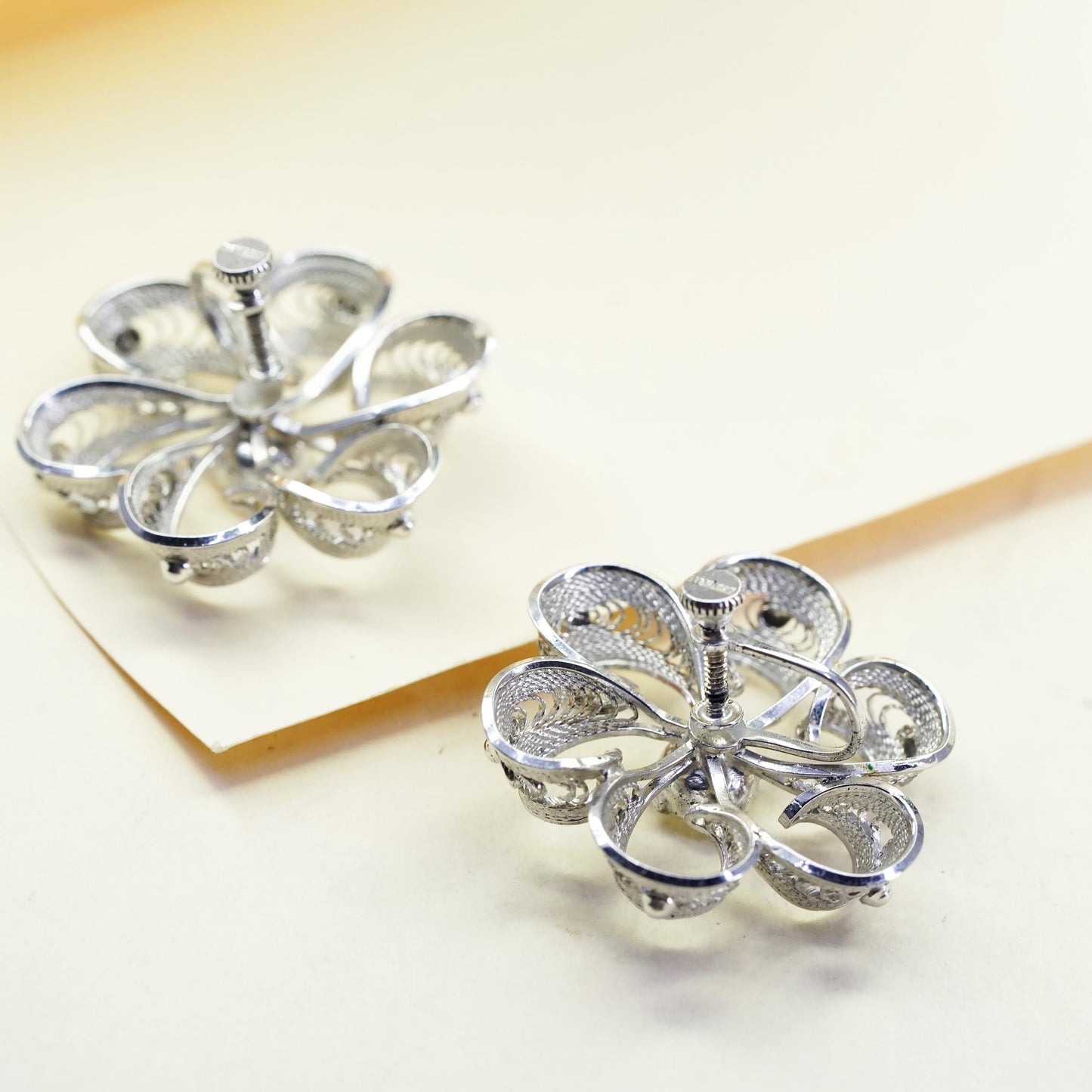1950s sterling 925 silver earrings snowflake screw back earrings rhinestone