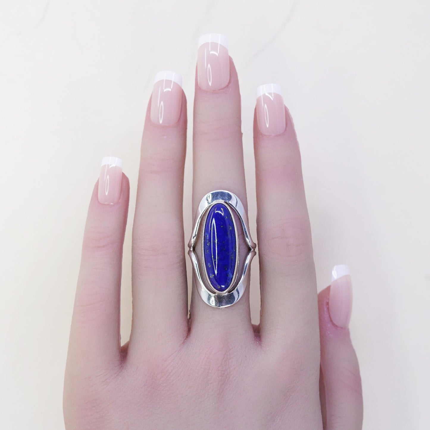 Size 6, VINTAGE 925 Sterling Silver Ring DDD Dominique Dinouart Blue Lapis